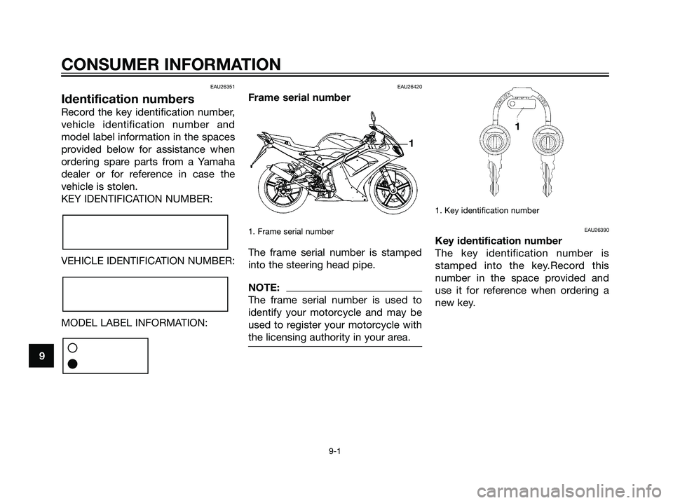 YAMAHA TZR50 2004  Owners Manual EAU26351
Identification numbers
Record the key identification number,
vehicle identification number and
model label information in the spaces
provided below for assistance when
ordering spare parts fr