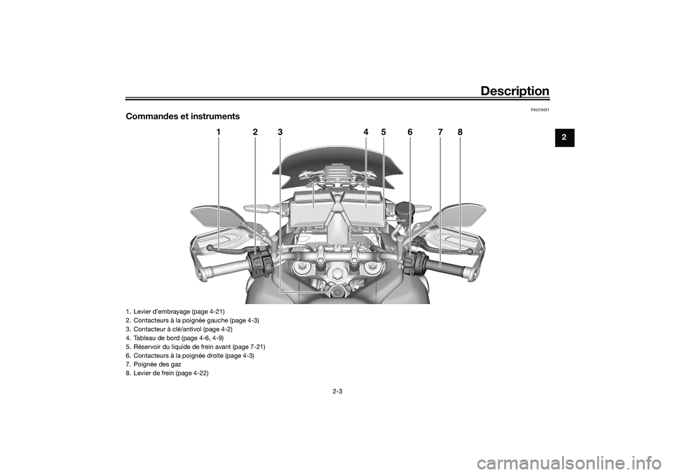 YAMAHA TRACER 900 2021  Notices Demploi (in French) Description
2-3
2
FAU10431
Commandes et instruments
1
24
6
7
8
3
5
1. Levier d’embrayage (page 4-21)
2. Contacteurs à la poig née gauche (page 4-3)
3. Contacteur à clé/antivol (page 4-2)
4. Tabl