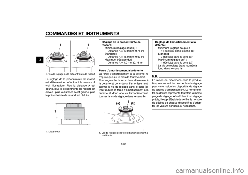 YAMAHA TRACER 900 2015  Notices Demploi (in French) COMMANDES ET INSTRUMENTS
3-33
3
Le réglage de la précontrainte de ressort
est déterminé en effectuant la mesure A
(voir illustration). Plus la distance A est
courte, plus la précontrainte de ress