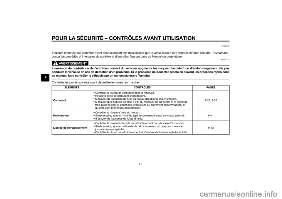YAMAHA TRACER 900 2015  Notices Demploi (in French) POUR LA SÉCURITÉ – CONTRÔLES AVANT UTILISATION
4-1
4
FAU15598
Toujours effectuer ces contrôles avant chaque départ afin de s’assurer que le véhicule peut être conduit en toute sécurité. T