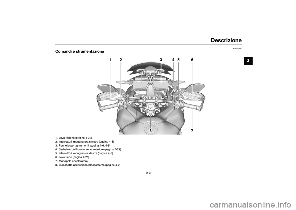 YAMAHA TRACER 900 GT 2021  Manuale duso (in Italian) Descrizione
2-3
2
HAU10431
Comandi e strumentazione
3
1
2
4
5
6
7
8 8 8
1. Leva frizione (pagina 4-22)
2. Interruttori impugnatura sinistra (pagina 4-3)
3. Pannello portastrumenti (pagina 4-6, 4-9)
4.