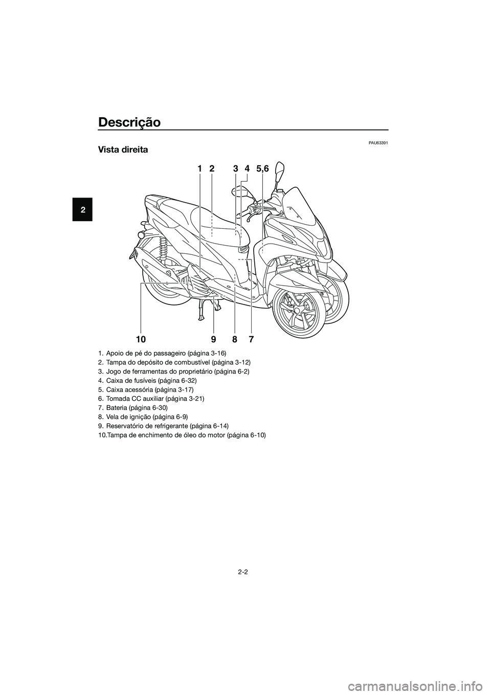 YAMAHA TRICITY 2017  Manual de utilização (in Portuguese) Descrição
2-2
2
PAU63391
Vista direita
3 24
75,6 1
10
98
1. Apoio de pé do passageiro (página 3-16)
2. Tampa do depósito de combustível (página 3-12)
3. Jogo de ferramentas do proprietário (p