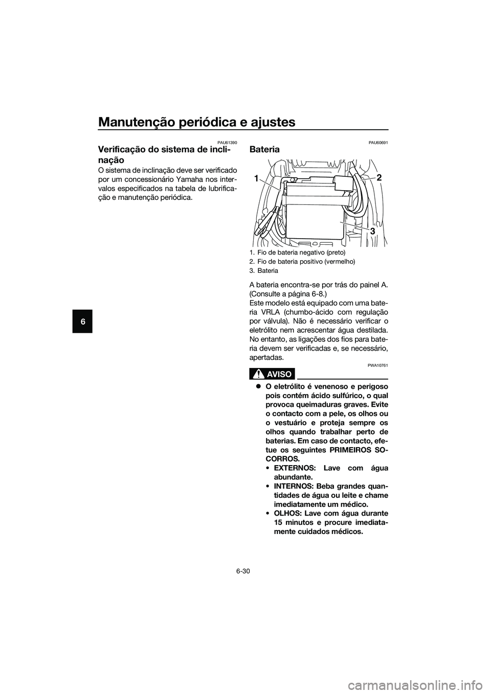 YAMAHA TRICITY 2017  Manual de utilização (in Portuguese) Manutenção periódica e ajustes
6-30
6
PAU61390
Verificação do sistema de incli-
nação
O sistema de inclinação deve ser verificado
por um concessionário Yamaha nos inter-
valos especificados 
