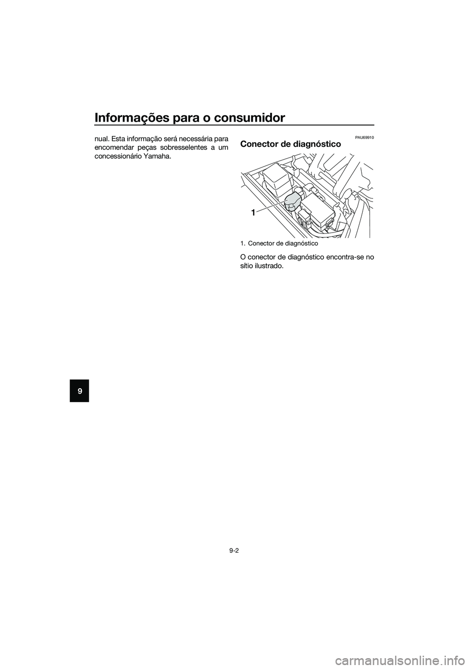 YAMAHA TRICITY 2017  Manual de utilização (in Portuguese) Informações para o consumidor
9-2
9
nual. Esta informação será necessária para
encomendar peças sobresselentes a um
concessionário Yamaha.PAU69910
Conector de diagnóstico
O conector de diagn