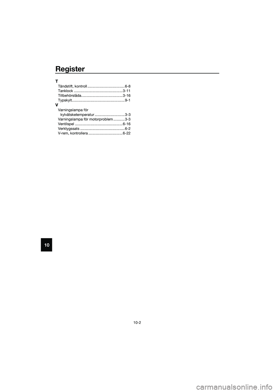 YAMAHA TRICITY 2017  Bruksanvisningar (in Swedish) Register
10-2
10
T
Tändstift, kontroll .................................... 6-8
Tanklock ............................................... 3-11
Tillbehörslåda........................................ 