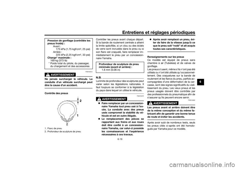YAMAHA TRICITY 2016 Notices Demploi (in French) Entretiens et réglages périodiques
6-19
6
AVERTISSEMENT
FWA10512
Ne jamais surcharger le véhicule. La
con duite d’un véhicule surchargé peut
être la cause d’un acci dent.Contrôle des pne YAMAHA TRICITY 2016 Notices Demploi (in French) Entretiens et réglages périodiques
6-19
6
AVERTISSEMENT
FWA10512
Ne jamais surcharger le véhicule. La
con duite d’un véhicule surchargé peut
être la cause d’un acci dent.Contrôle des pne