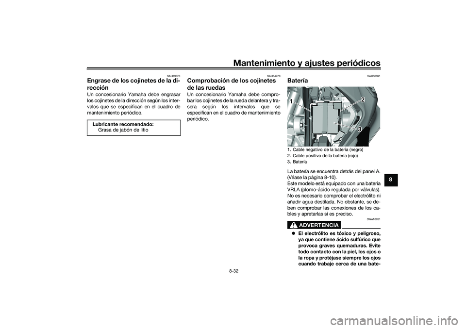 YAMAHA TRICITY 300 2021 Manuale de Empleo (in Spanish) Mantenimiento y ajustes periódicos8-32
8
SAU89070
Engrase de los cojinetes de la d i-
recciónUn concesionario Yamaha debe engrasar
los cojinetes de la dirección según los inter-
valos que se esp YAMAHA TRICITY 300 2021 Manuale de Empleo (in Spanish) Mantenimiento y ajustes periódicos8-32
8
SAU89070
Engrase de los cojinetes de la d i-
recciónUn concesionario Yamaha debe engrasar
los cojinetes de la dirección según los inter-
valos que se esp