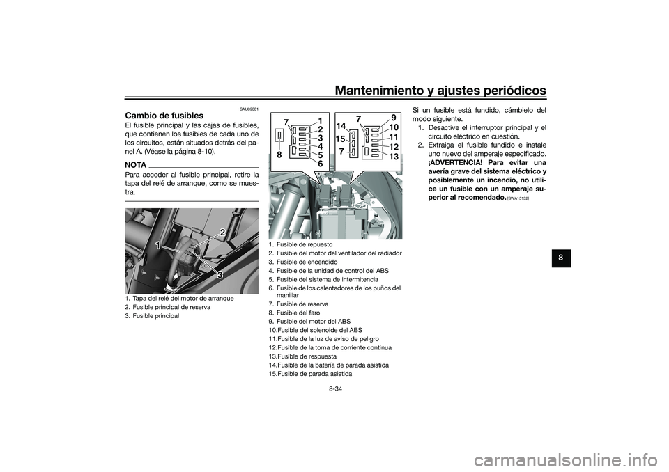 YAMAHA TRICITY 300 2021 Manuale de Empleo (in Spanish) Mantenimiento y ajustes periódicos8-34
8
SAU89081
Cambio de fusiblesEl fusible principal y las cajas de fusibles,
que contienen los fusibles de cada uno de
los circuitos, están situados detrás del YAMAHA TRICITY 300 2021 Manuale de Empleo (in Spanish) Mantenimiento y ajustes periódicos8-34
8
SAU89081
Cambio de fusiblesEl fusible principal y las cajas de fusibles,
que contienen los fusibles de cada uno de
los circuitos, están situados detrás del