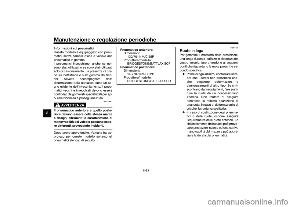 YAMAHA TRICITY 300 2021 Manuale duso (in Italian) Manutenzione e regolazione perio diche
8-23
8
Informazioni sui pneumatici
Questo modello è equipaggiato con pneu-
matici senza camera d’aria e valvole aria
pneumatico in gomma.
I pneumatici invecch YAMAHA TRICITY 300 2021 Manuale duso (in Italian) Manutenzione e regolazione perio diche
8-23
8
Informazioni sui pneumatici
Questo modello è equipaggiato con pneu-
matici senza camera d’aria e valvole aria
pneumatico in gomma.
I pneumatici invecch
