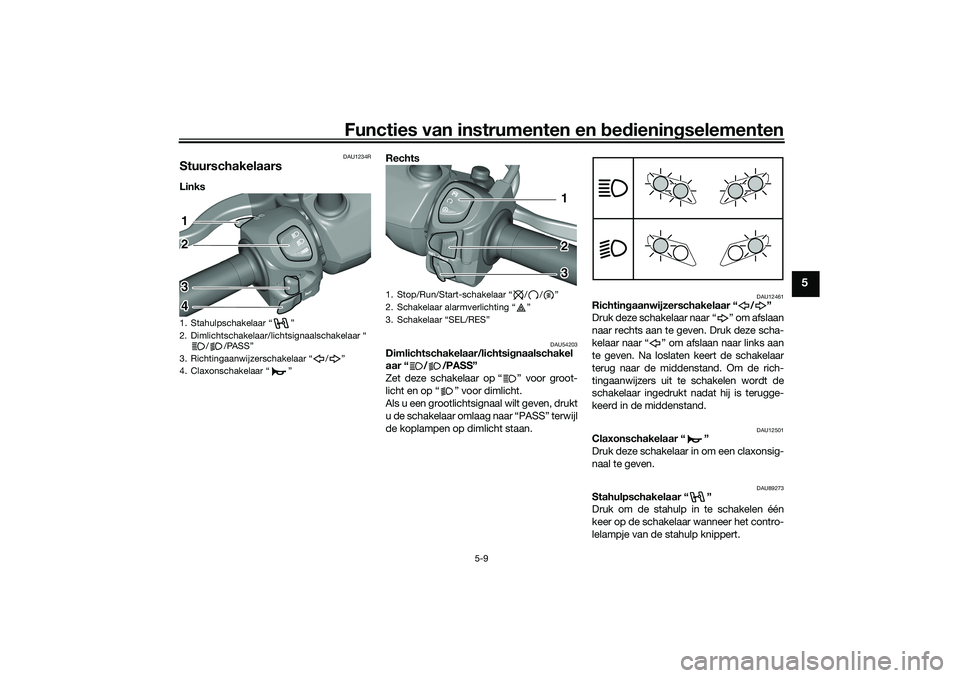 YAMAHA TRICITY 300 2021 Instructieboekje (in Dutch) Functies van instrumenten en bed ienin gselementen
5-9
5
DAU1234R
StuurschakelaarsLinks Rechts
DAU54203
Dimlichtschakelaar/lichtsi
gnaalschakel
aar “ / /PASS”
Zet deze schakelaar op “ ” voor YAMAHA TRICITY 300 2021 Instructieboekje (in Dutch) Functies van instrumenten en bed ienin gselementen
5-9
5
DAU1234R
StuurschakelaarsLinks Rechts
DAU54203
Dimlichtschakelaar/lichtsi
gnaalschakel
aar “ / /PASS”
Zet deze schakelaar op “ ” voor