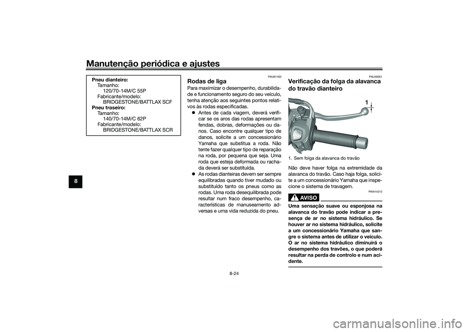 YAMAHA TRICITY 300 2021  Manual de utilização (in Portuguese) Manutenção periódica e ajustes
8-24
8
PAU61160
Ro das  de ligaPara maximizar o de sempenho, durabilida-
de e funcionamento seguro do seu veículo,
tenha atenção aos seguintes pontos relati-
vos 