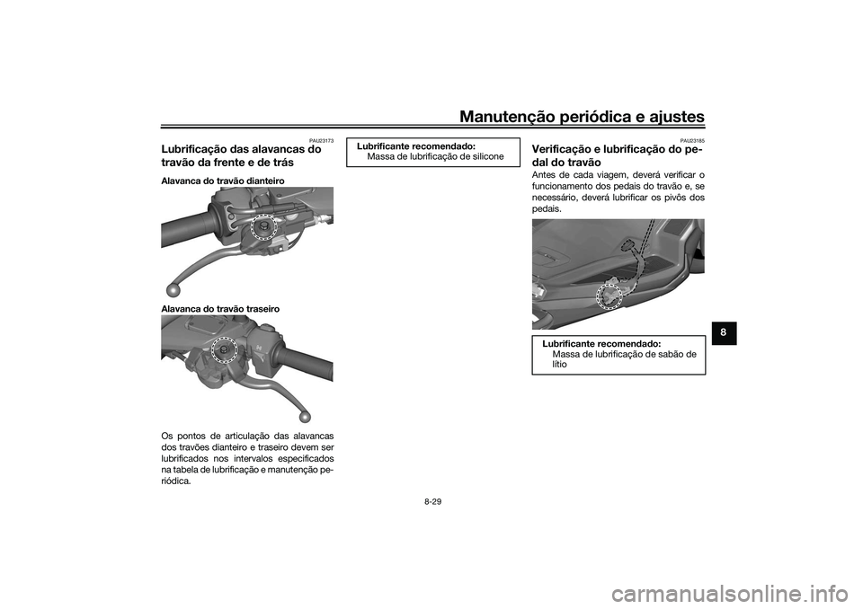 YAMAHA TRICITY 300 2021  Manual de utilização (in Portuguese) Manutenção periódica e ajustes
8-29
8
PAU23173
Lubrificação  das alavancas  do 
travão  da frente e d e trásAlavanca do travão  dianteiro
Alavanca  do travão traseiro
Os pontos de articulaç
