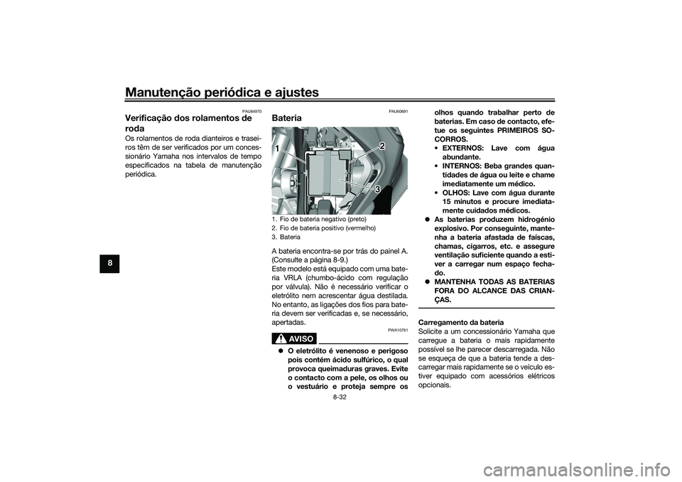 YAMAHA TRICITY 300 2021  Manual de utilização (in Portuguese) Manutenção periódica e ajustes
8-32
8
PAU84970
Verificação  dos rolamentos  de 
ro daOs rolamentos de roda dianteiros e trasei-
ros têm de ser verificados por um conces-
sionário Yamaha nos int