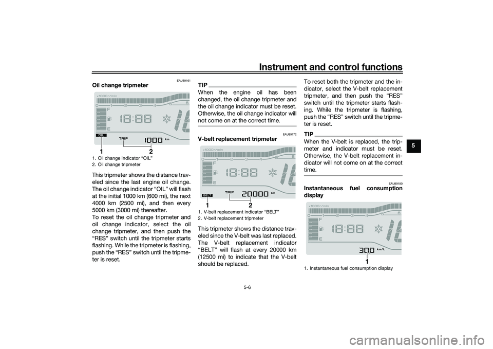 YAMAHA TRICITY 300 2020 Owners Manual Instrument and control functions
5-6
5
EAU89161
Oil chan ge tripmeter
This tripmeter shows the distance trav-
eled since the last engine oil change.
The oil change indicator “OIL” will flash
at th YAMAHA TRICITY 300 2020 Owners Manual Instrument and control functions
5-6
5
EAU89161
Oil chan ge tripmeter
This tripmeter shows the distance trav-
eled since the last engine oil change.
The oil change indicator “OIL” will flash
at th