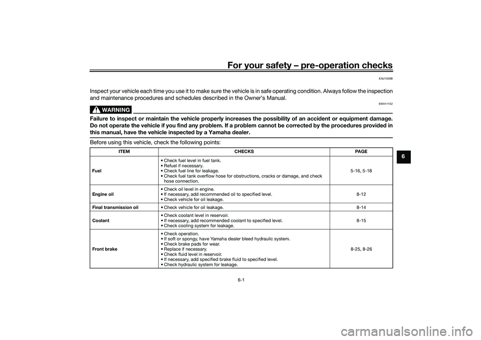 YAMAHA TRICITY 300 2020 Owners Manual For your safety – pre-operation checks
6-1
6
EAU1559B
Inspect your vehicle each time you use it to make sure the vehicle is in safe operating condition. Always follow the inspection
and maintenance YAMAHA TRICITY 300 2020 Owners Manual For your safety – pre-operation checks
6-1
6
EAU1559B
Inspect your vehicle each time you use it to make sure the vehicle is in safe operating condition. Always follow the inspection
and maintenance