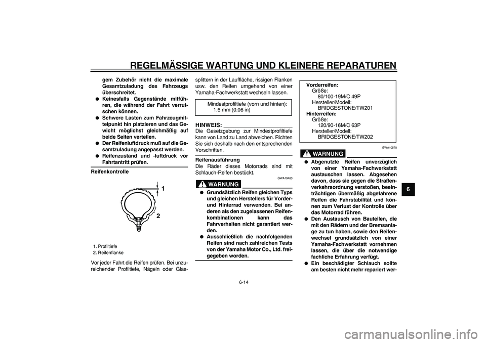 YAMAHA TRICKER 250 2005 Betriebsanleitungen (in German)
REGELMÄSSIGE WARTUNG UND KLEINERE REPARATUREN
6-14
2
3
4
5
67
8
9
gem Zubehör nicht die maximale
Gesamtzuladung des Fahrzeugs
überschreitet.
Keinesfalls Gegenstände mitfüh-
ren, die wä YAMAHA TRICKER 250 2005 Betriebsanleitungen (in German)
REGELMÄSSIGE WARTUNG UND KLEINERE REPARATUREN
6-14
2
3
4
5
67
8
9
gem Zubehör nicht die maximale
Gesamtzuladung des Fahrzeugs
überschreitet.
Keinesfalls Gegenstände mitfüh-
ren, die wä