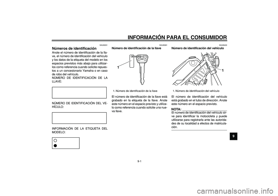 YAMAHA TRICKER 250 2005 Manuale de Empleo (in Spanish)
9-1
2
3
4
5
6
7
8
9
INFORMACIÓN PARA EL CONSUMIDOR
SAU26351
Números de identificación
Anote el número de identificación de la lla-
ve, el número de identificación del vehículo
y los d YAMAHA TRICKER 250 2005 Manuale de Empleo (in Spanish)
9-1
2
3
4
5
6
7
8
9
INFORMACIÓN PARA EL CONSUMIDOR
SAU26351
Números de identificación
Anote el número de identificación de la lla-
ve, el número de identificación del vehículo
y los d