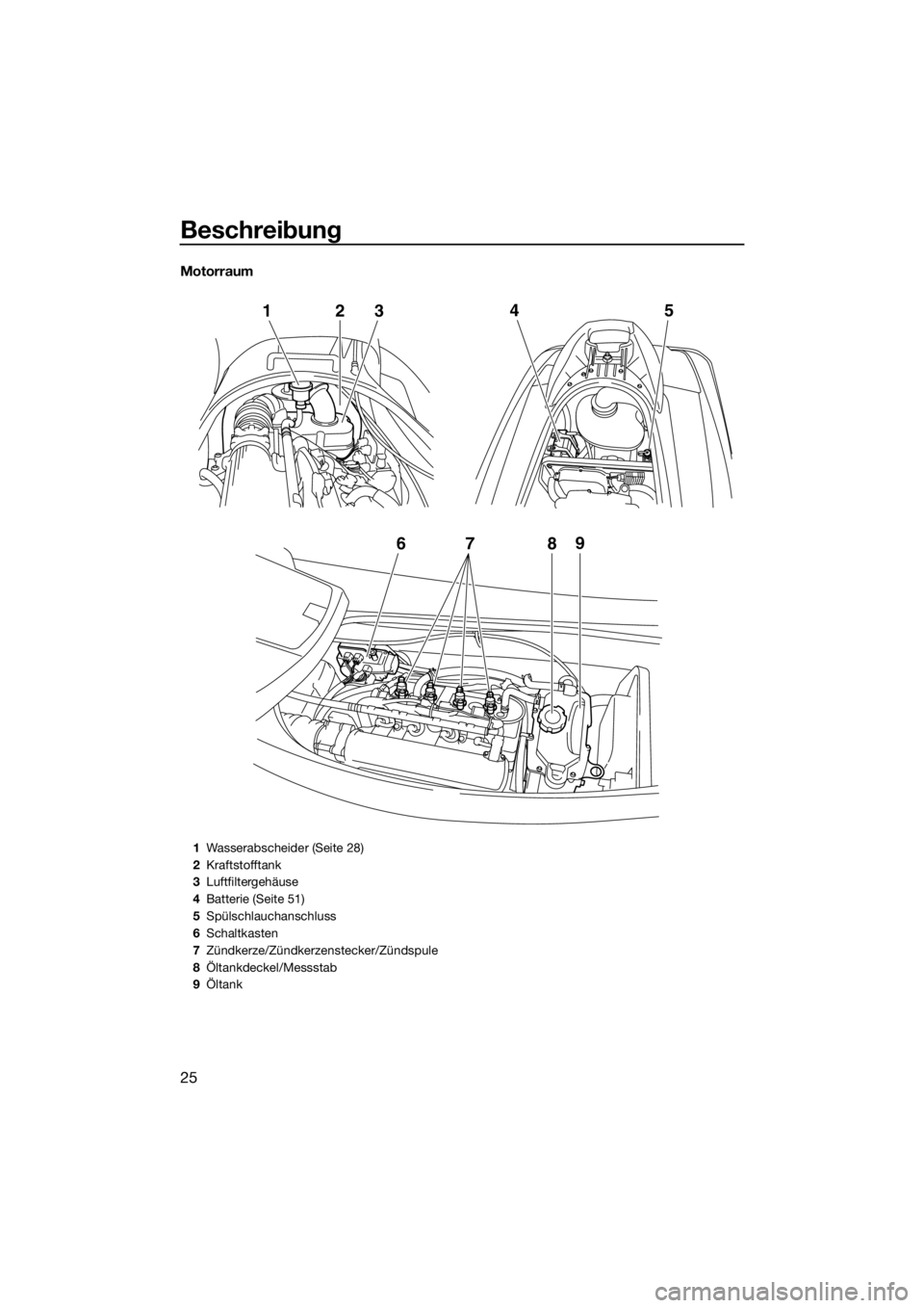YAMAHA V1 SPORT 2015  Betriebsanleitungen (in German) Beschreibung
25
Motorraum
6
789
12
345
1Wasserabscheider (Seite 28)
2Kraftstofftank
3Luftfiltergehäuse
4Batterie (Seite 51)
5Spülschlauchanschluss
6Schaltkasten
7Zündkerze/Zündkerzenstecker/Zünds