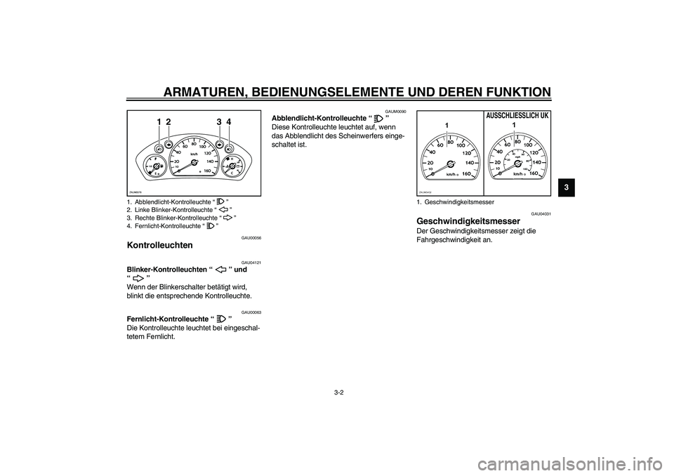 YAMAHA VERSITY 300 2004  Betriebsanleitungen (in German) ARMATUREN, BEDIENUNGSELEMENTE UND DEREN FUNKTION
3-2
3
GAU00056
Kontrolleuchten 
GAU04121
Blinker-Kontrolleuchten “” und 
“” 
Wenn der Blinkerschalter betätigt wird, 
blinkt die entsprechende
