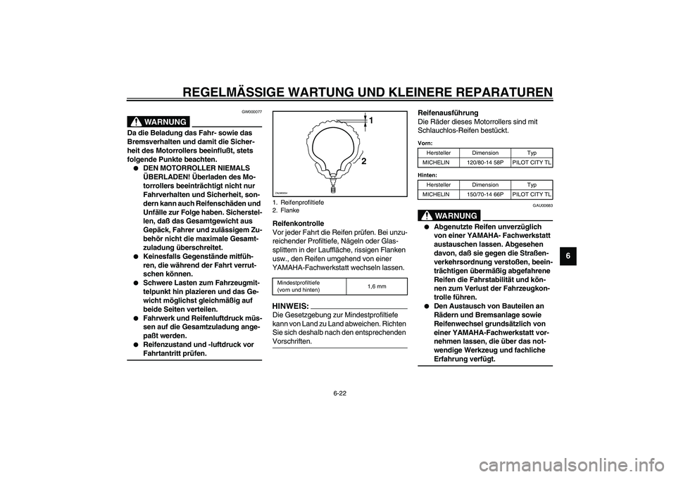 YAMAHA VERSITY 300 2004 Betriebsanleitungen (in German) REGELMÄSSIGE WARTUNG UND KLEINERE REPARATUREN
6-22
6
GW000077
WARNUNG
_ Da die Beladung das Fahr- sowie das
Bremsverhalten und damit die Sicher-
heit des Motorrollers beeinflußt, stets
folgende Pu YAMAHA VERSITY 300 2004 Betriebsanleitungen (in German) REGELMÄSSIGE WARTUNG UND KLEINERE REPARATUREN
6-22
6
GW000077
WARNUNG
_ Da die Beladung das Fahr- sowie das
Bremsverhalten und damit die Sicher-
heit des Motorrollers beeinflußt, stets
folgende Pu