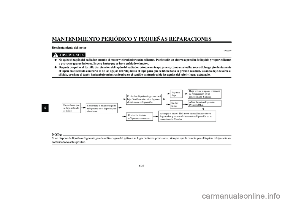 YAMAHA VERSITY 300 2004 Manuale de Empleo (in Spanish) MANTENIMIENTO PERIÓDICO Y PEQUEÑAS REPARACIONES
6-37
6
Recalentamiento del motor
SW000070
ADVERTENCIA
_
No quite el tapón del radiador cuando el motor y el radiador estén calientes. Puede salir YAMAHA VERSITY 300 2004 Manuale de Empleo (in Spanish) MANTENIMIENTO PERIÓDICO Y PEQUEÑAS REPARACIONES
6-37
6
Recalentamiento del motor
SW000070
ADVERTENCIA
_
No quite el tapón del radiador cuando el motor y el radiador estén calientes. Puede salir