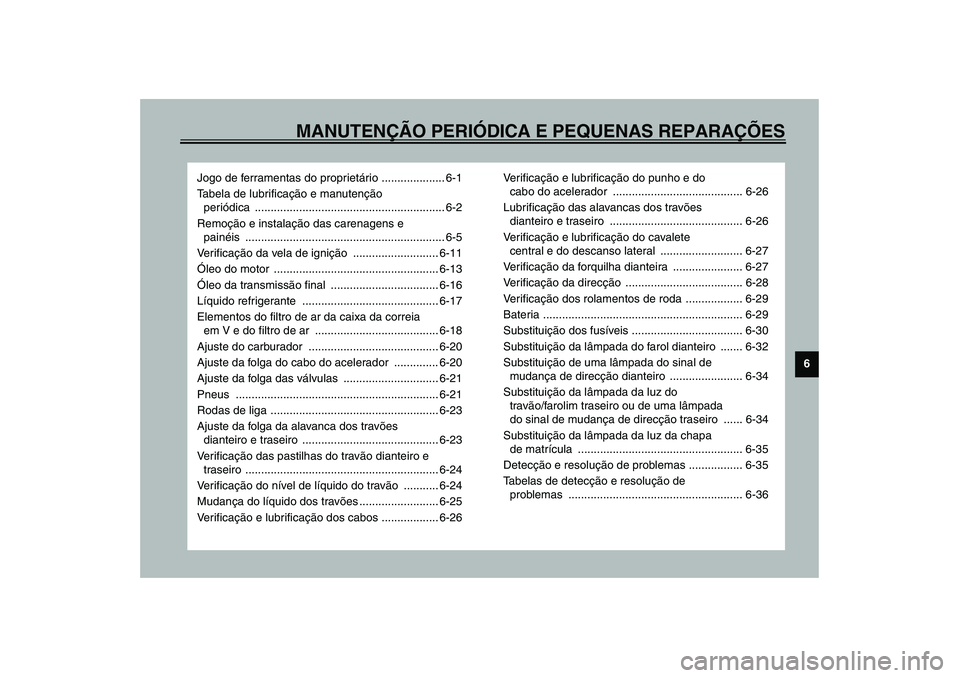 YAMAHA VERSITY 300 2004 Manual de utilização (in Portuguese) MANUTENÇÃO PERIÓDICA E PEQUENAS REPARAÇÕES
6
Jogo de ferramentas do proprietário .................... 6-1
Tabela de lubrificação e manutenção
periódica .................................... YAMAHA VERSITY 300 2004 Manual de utilização (in Portuguese) MANUTENÇÃO PERIÓDICA E PEQUENAS REPARAÇÕES
6
Jogo de ferramentas do proprietário .................... 6-1
Tabela de lubrificação e manutenção
periódica ....................................