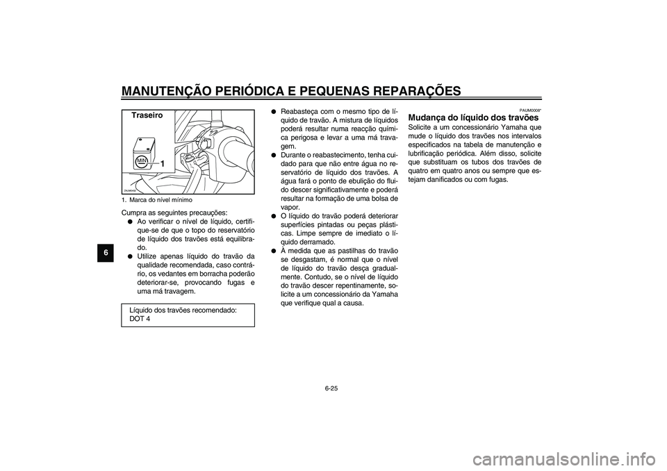 YAMAHA VERSITY 300 2004 Manual de utilização (in Portuguese) MANUTENÇÃO PERIÓDICA E PEQUENAS REPARAÇÕES
6-25
6
Cumpra as seguintes precauções:
Ao verificar o nível de líquido, certifi-
que-se de que o topo do reservatório
de líquido dos travões est YAMAHA VERSITY 300 2004 Manual de utilização (in Portuguese) MANUTENÇÃO PERIÓDICA E PEQUENAS REPARAÇÕES
6-25
6
Cumpra as seguintes precauções:
Ao verificar o nível de líquido, certifi-
que-se de que o topo do reservatório
de líquido dos travões est