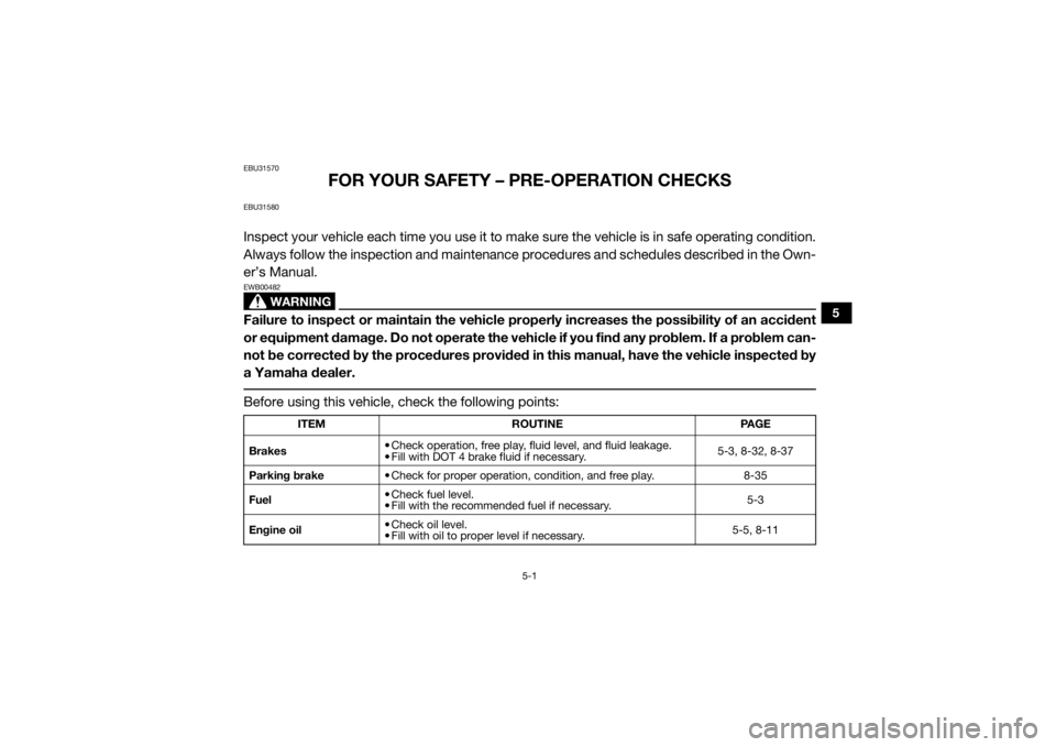 YAMAHA VIKING 2016 Owners Manual 5-1
5
EBU31570
FOR YOUR SAFETY – PRE-OPERATION CHECKS
EBU31580Inspect your vehicle each time you use it to make sure the vehicle is in safe operating condition.
Always follow the inspection and main YAMAHA VIKING 2016 Owners Manual 5-1
5
EBU31570
FOR YOUR SAFETY – PRE-OPERATION CHECKS
EBU31580Inspect your vehicle each time you use it to make sure the vehicle is in safe operating condition.
Always follow the inspection and main