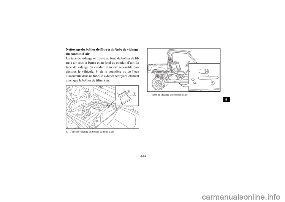 YAMAHA VIKING 2015  Notices Demploi (in French) 8-29
1
2
3
4
5
6
78
9
10
11
12
13
14
Nettoyage du boîtier de filtre à air/tube de vidange 
du conduit d’air
Un tube de vidange se trouve au fond du boîtier de fil-
tre à air sous la benne et au 