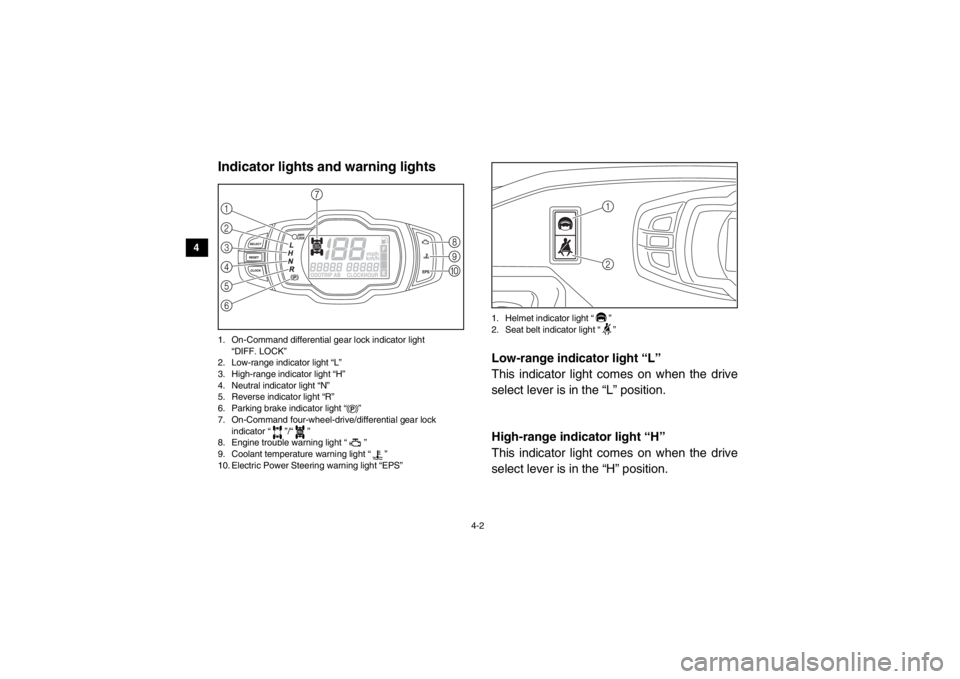 YAMAHA VIKING 2014  Owners Manual 4-2
4
5
6
7
8
9
10
11
12
13
14
EVU00150Indicator lights and warning lights1. On-Command differential gear lock indicator light  “DIFF. LOCK”
2. Low-range indicator light “L”
3. High-range indi