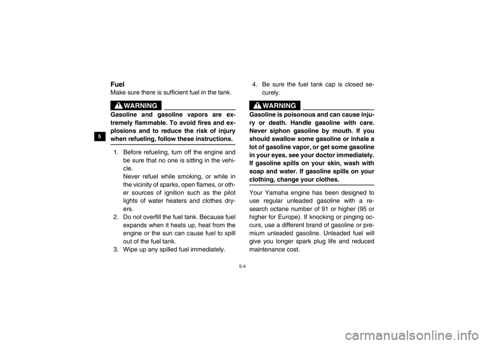 YAMAHA VIKING 2014  Owners Manual 5-4
5
6
7
8
9
10
11
12
13
14
EVU00400FuelMake sure there is sufficient fuel in the tank.
WARNING
Gasoline and gasoline vapors are ex-
tremely flammable. To avoid fires and ex-
plosions and to reduce t