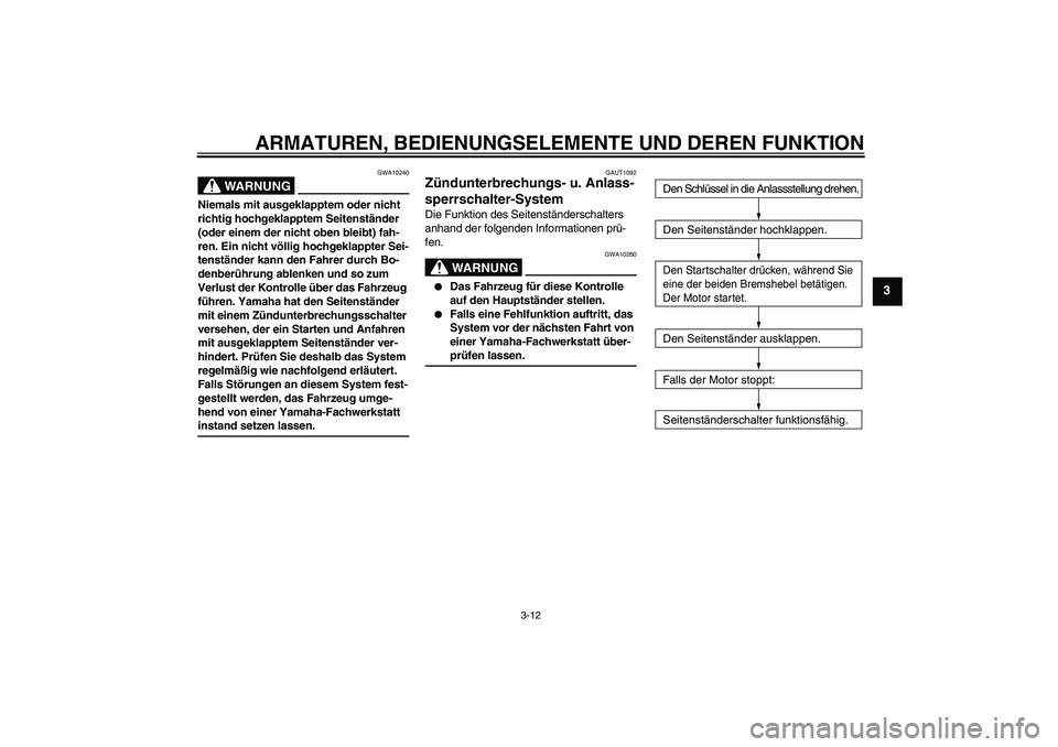 YAMAHA VITY 125 2008 Betriebsanleitungen (in German) ARMATUREN, BEDIENUNGSELEMENTE UND DEREN FUNKTION
3-12
3
WARNUNG
GWA10240
Niemals mit ausgeklapptem oder nicht
richtig hochgeklapptem Seitenständer
(oder einem der nicht oben bleibt) fah-
ren. Ein n YAMAHA VITY 125 2008 Betriebsanleitungen (in German) ARMATUREN, BEDIENUNGSELEMENTE UND DEREN FUNKTION
3-12
3
WARNUNG
GWA10240
Niemals mit ausgeklapptem oder nicht
richtig hochgeklapptem Seitenständer
(oder einem der nicht oben bleibt) fah-
ren. Ein n