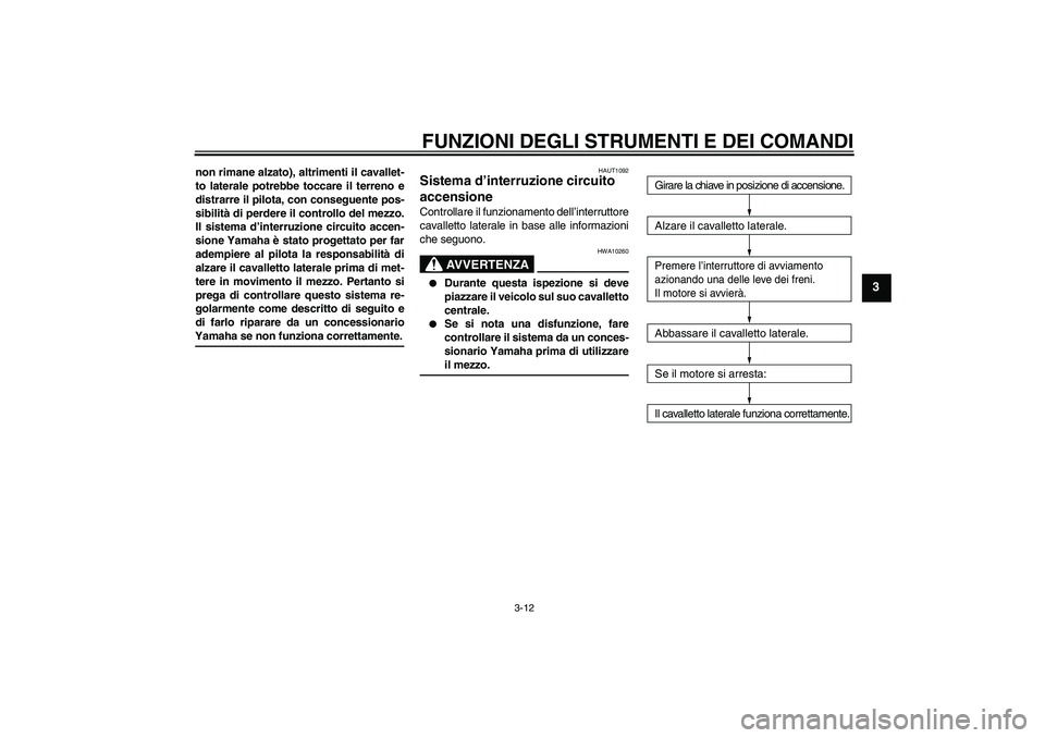YAMAHA VITY 125 2008 Manuale duso (in Italian) FUNZIONI DEGLI STRUMENTI E DEI COMANDI
3-12
3
non rimane alzato), altrimenti il cavallet-
to laterale potrebbe toccare il terreno e
distrarre il pilota, con conseguente pos-
sibilità di perdere il co YAMAHA VITY 125 2008 Manuale duso (in Italian) FUNZIONI DEGLI STRUMENTI E DEI COMANDI
3-12
3
non rimane alzato), altrimenti il cavallet-
to laterale potrebbe toccare il terreno e
distrarre il pilota, con conseguente pos-
sibilità di perdere il co