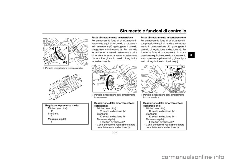 YAMAHA VMAX 2016 Manuale duso (in Italian) Strumento e funzioni di controllo
3-28
3
Forza di smorzamento in estensione
Per aumentare la forza di smorzamento in
estensione e quindi rendere lo smorzamen-
to in estensione più rigido, girare il YAMAHA VMAX 2016 Manuale duso (in Italian) Strumento e funzioni di controllo
3-28
3
Forza di smorzamento in estensione
Per aumentare la forza di smorzamento in
estensione e quindi rendere lo smorzamen-
to in estensione più rigido, girare il