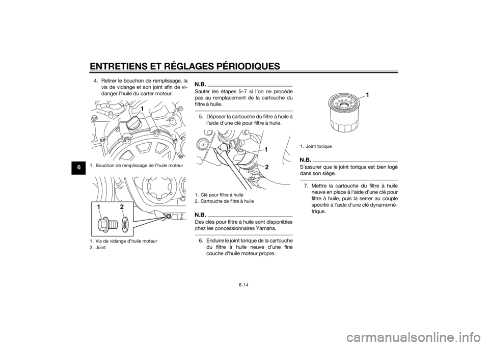 YAMAHA VMAX 2015  Notices Demploi (in French) ENTRETIENS ET RÉGLAGES PÉRIODIQUES
6-14
6
4. Retirer le bouchon de remplissage, lavis de vidange et son joint afin de vi-
danger l’huile du carter moteur.
N.B.Sauter les étapes 5–7 si l’on ne