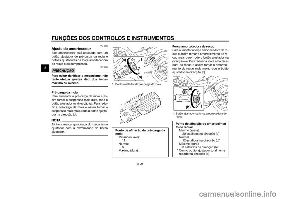 YAMAHA VMAX 2015  Manual de utilização (in Portuguese) FUNÇÕES DOS CONTROLOS E INSTRUMENTOS
3-29
3
PAU46494
Ajuste do amortece dorEste amortecedor está equipado com um
botão ajustador de pré-carga da mola e
botões ajustadores da força amortecedora
