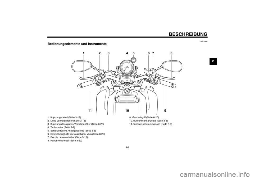 YAMAHA VMAX 2012  Betriebsanleitungen (in German) BESCHREIBUNG
2-3
2
GAU10430
Bedienungselemente und Instrumente
123 4 67 89
10
11
5
1. Kupplungshebel (Seite 3-19)
2. Linke Lenkerschalter (Seite 3-18)
3. Kupplungsflüssigkeits-Vorratsbehälter (Seite