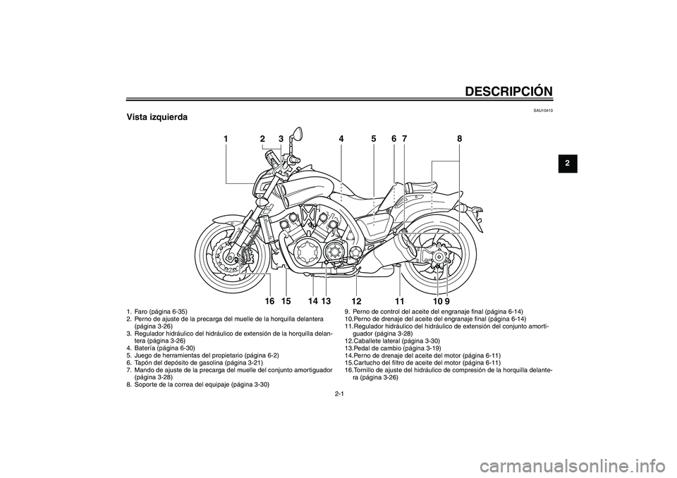 YAMAHA VMAX 2011 Manuale de Empleo (in Spanish) DESCRIPCIÓN
2-1
2
SAU10410
Vista izquierda
1
4
56
7
8
11
9
10
12
13
14
15
2316
1. Faro (página 6-35)
2. Perno de ajuste de la precarga del muelle de la horquilla delantera
(página 3-26)
3. Regulad YAMAHA VMAX 2011 Manuale de Empleo (in Spanish) DESCRIPCIÓN
2-1
2
SAU10410
Vista izquierda
1
4
56
7
8
11
9
10
12
13
14
15
2316
1. Faro (página 6-35)
2. Perno de ajuste de la precarga del muelle de la horquilla delantera
(página 3-26)
3. Regulad