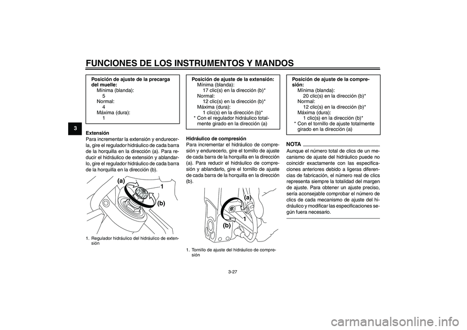 YAMAHA VMAX 2011  Manuale de Empleo (in Spanish) FUNCIONES DE LOS INSTRUMENTOS Y MANDOS
3-27
3
Extensión
Para incrementar la extensión y endurecer-
la, gire el regulador hidráulico de cada barra
de la horquilla en la dirección (a). Para re-
duci