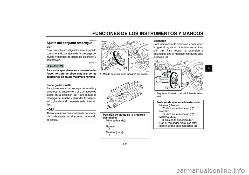 YAMAHA VMAX 2011  Manuale de Empleo (in Spanish) FUNCIONES DE LOS INSTRUMENTOS Y MANDOS
3-28
3
SAU46493
Ajuste del conjunto amortigua-
dor Este conjunto amortiguador está equipado
con un mando de ajuste de la precarga del
muelle y mandos de ajuste 