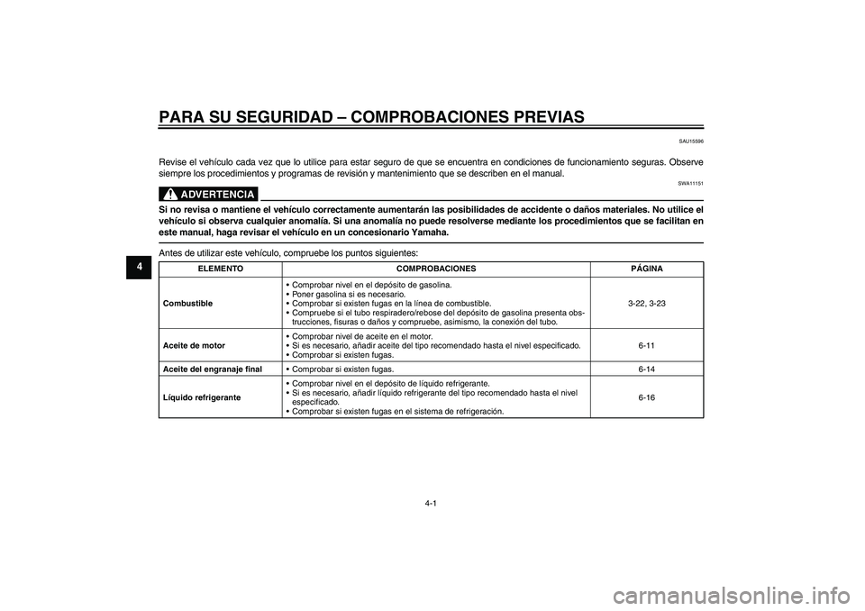 YAMAHA VMAX 2011  Manuale de Empleo (in Spanish) PARA SU SEGURIDAD – COMPROBACIONES PREVIAS
4-1
4
SAU15596
Revise el vehículo cada vez que lo utilice para estar seguro de que se encuentra en condiciones de funcionamiento seguras. Observe
siempre 
