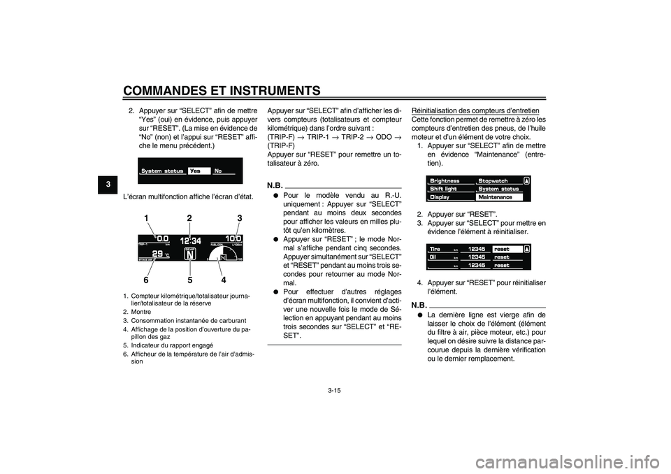 YAMAHA VMAX 2011  Notices Demploi (in French) COMMANDES ET INSTRUMENTS
3-15
3
2. Appuyer sur “SELECT” afin de mettre
“Yes” (oui) en évidence, puis appuyer
sur “RESET”. (La mise en évidence de
“No” (non) et l’appui sur “RESET