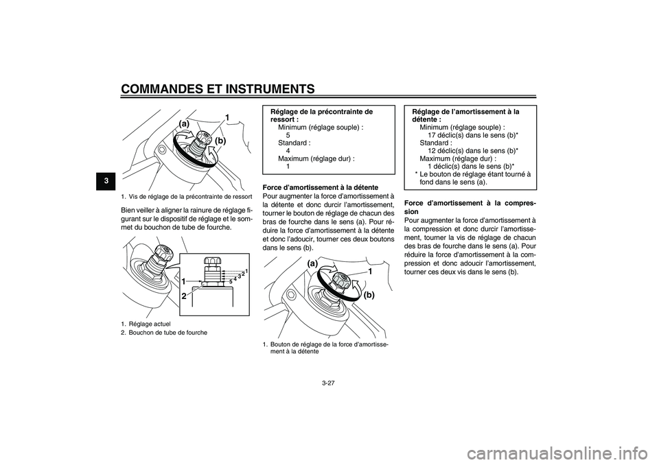 YAMAHA VMAX 2011  Notices Demploi (in French) COMMANDES ET INSTRUMENTS
3-27
3
Bien veiller à aligner la rainure de réglage fi-
gurant sur le dispositif de réglage et le som-
met du bouchon de tube de fourche.Force d’amortissement à la déte
