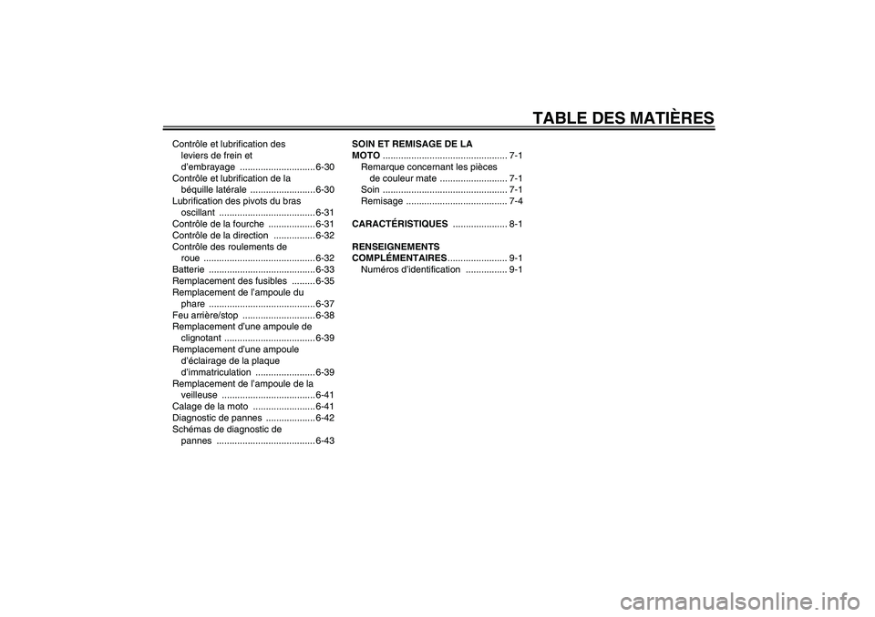 YAMAHA VMAX 2011 Notices Demploi (in French) TABLE DES MATIÈRES
Contrôle et lubrification des
leviers de frein et
d’embrayage ............................. 6-30
Contrôle et lubrification de la
béquille latérale ........................ YAMAHA VMAX 2011 Notices Demploi (in French) TABLE DES MATIÈRES
Contrôle et lubrification des
leviers de frein et
d’embrayage ............................. 6-30
Contrôle et lubrification de la
béquille latérale ........................
