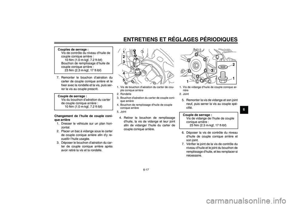 YAMAHA VMAX 2011  Notices Demploi (in French) ENTRETIENS ET RÉGLAGES PÉRIODIQUES
6-17
6
7. Remonter le bouchon d’aération du
carter de couple conique arrière et le
fixer avec la rondelle et la vis, puis ser-
rer la vis au couple prescrit.
C