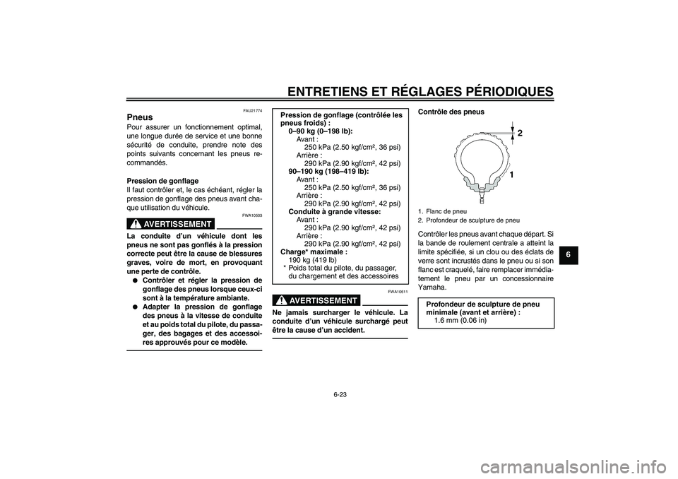 YAMAHA VMAX 2011  Notices Demploi (in French) ENTRETIENS ET RÉGLAGES PÉRIODIQUES
6-23
6
FAU21774
Pneus Pour assurer un fonctionnement optimal,
une longue durée de service et une bonne
sécurité de conduite, prendre note des
points suivants co