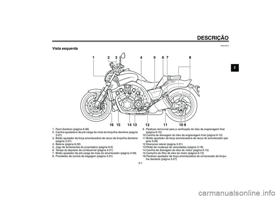 YAMAHA VMAX 2011 Manual de utilização (in Portuguese) DESCRIÇÃO
2-1
2
PAU10410
Vista esquerda
1
4
56
7
8
11
9
10
12
13
14
15
2316
1. Farol dianteiro (página 6-36)
2. Cavilha ajustadora da pré-carga da mola da forquilha dianteira (página
3-27)
3. Bo YAMAHA VMAX 2011 Manual de utilização (in Portuguese) DESCRIÇÃO
2-1
2
PAU10410
Vista esquerda
1
4
56
7
8
11
9
10
12
13
14
15
2316
1. Farol dianteiro (página 6-36)
2. Cavilha ajustadora da pré-carga da mola da forquilha dianteira (página
3-27)
3. Bo