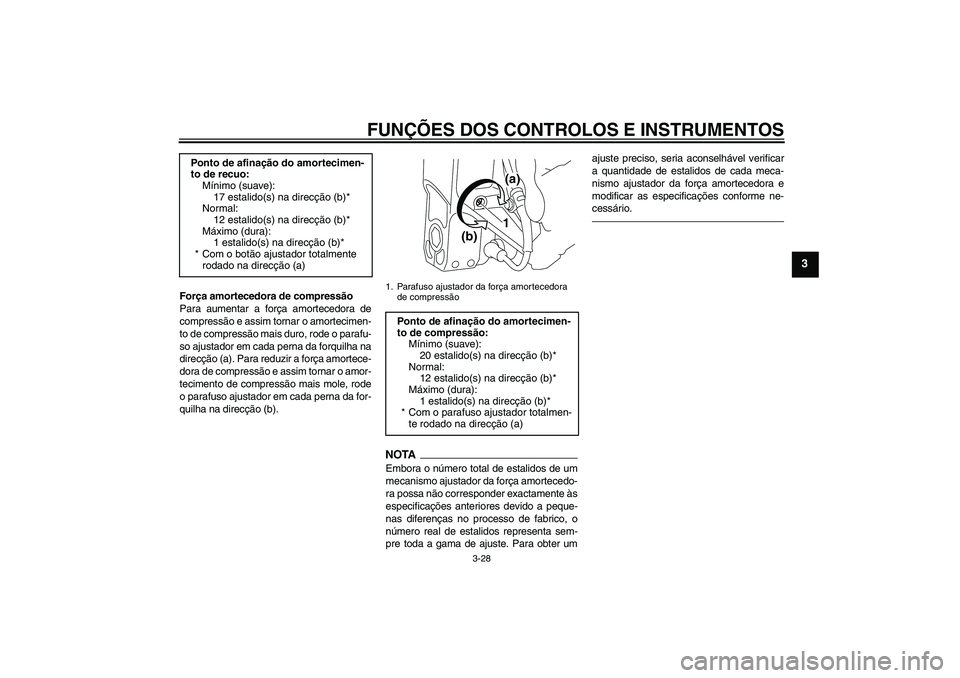 YAMAHA VMAX 2011 Manual de utilização (in Portuguese) FUNÇÕES DOS CONTROLOS E INSTRUMENTOS
3-28
3
Força amortecedora de compressão
Para aumentar a força amortecedora de
compressão e assim tornar o amortecimen-
to de compressão mais duro, rode o pa YAMAHA VMAX 2011 Manual de utilização (in Portuguese) FUNÇÕES DOS CONTROLOS E INSTRUMENTOS
3-28
3
Força amortecedora de compressão
Para aumentar a força amortecedora de
compressão e assim tornar o amortecimen-
to de compressão mais duro, rode o pa