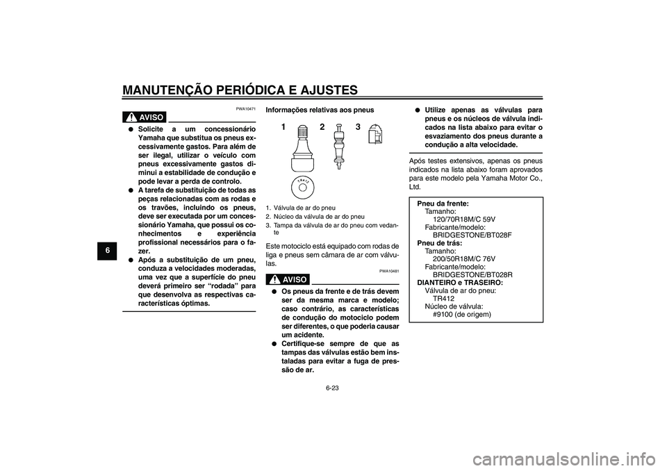 YAMAHA VMAX 2011 Manual de utilização (in Portuguese) MANUTENÇÃO PERIÓDICA E AJUSTES
6-23
6
AV I S O
PWA10471
Solicite a um concessionário
Yamaha que substitua os pneus ex-
cessivamente gastos. Para além de
ser ilegal, utilizar o veículo com
pneu YAMAHA VMAX 2011 Manual de utilização (in Portuguese) MANUTENÇÃO PERIÓDICA E AJUSTES
6-23
6
AV I S O
PWA10471
Solicite a um concessionário
Yamaha que substitua os pneus ex-
cessivamente gastos. Para além de
ser ilegal, utilizar o veículo com
pneu