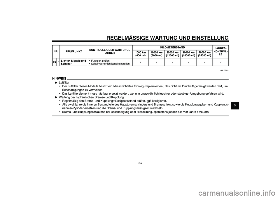 YAMAHA VMAX 2010 Betriebsanleitungen (in German) REGELMÄSSIGE WARTUNG UND EINSTELLUNG
6-7
6
GAU36771
HINWEI
S
Luftfilter
Der Luftfilter dieses Modells besitzt ein ölbeschichtetes Einweg-Papierelement, das nicht mit Druckluft gereinigt werden da YAMAHA VMAX 2010 Betriebsanleitungen (in German) REGELMÄSSIGE WARTUNG UND EINSTELLUNG
6-7
6
GAU36771
HINWEI
S
Luftfilter
Der Luftfilter dieses Modells besitzt ein ölbeschichtetes Einweg-Papierelement, das nicht mit Druckluft gereinigt werden da